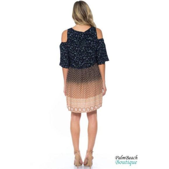 Bohemian Boho Style Navy Camel Cold Shoulder Dress - Picture 4 of 4